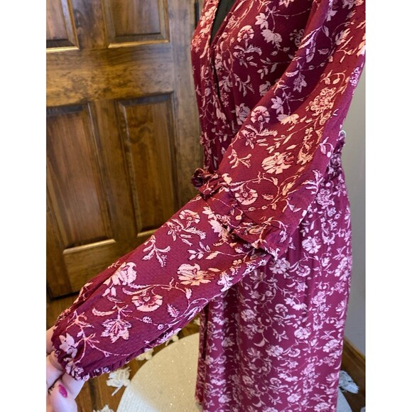 Knox Rose Sz XL Dress Peasant Cottagecore Burgundy Floral Faux Wrap V Neck - Picture 4 of 12